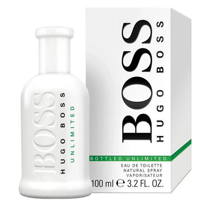 Hugo Boss Bottled Unlimited perfume bottle and packaging on a white background