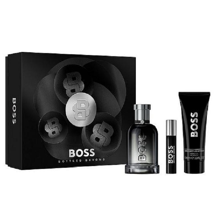 BOSS perfume set with black packaging on a white background