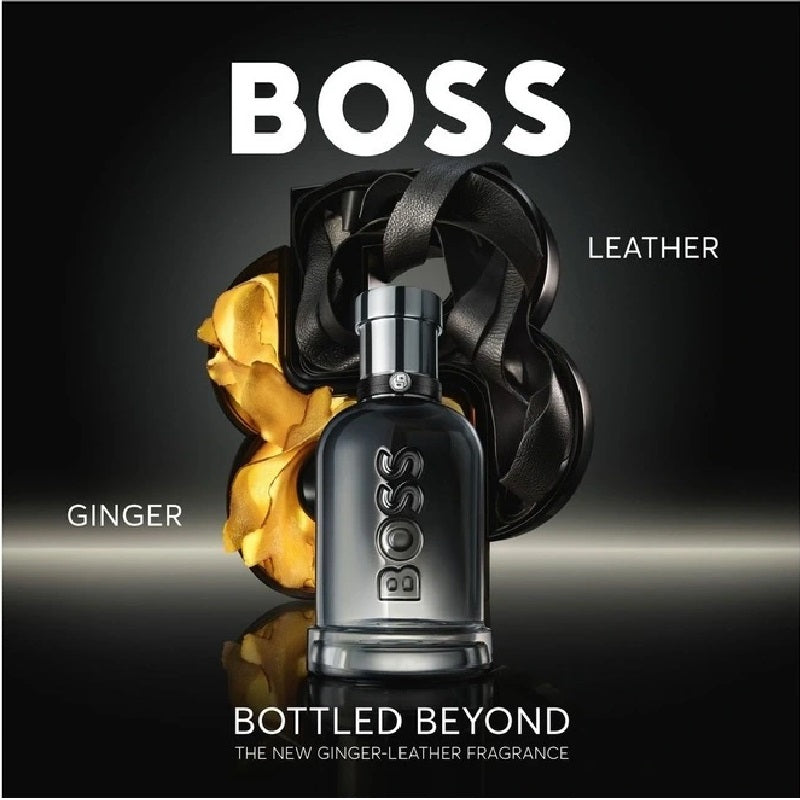 BOSS Bottled Beyond ginger-leather fragrance bottle with decorative elements on a dark background