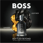 BOSS Bottled Beyond ginger-leather fragrance bottle with decorative elements on a dark background