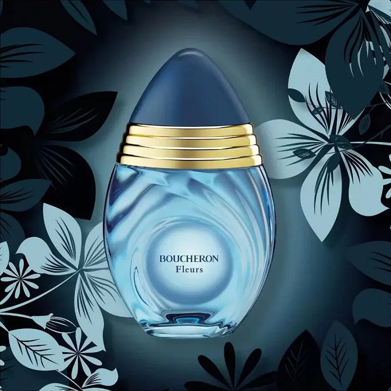 Boucheron Fleurs perfume bottle with floral design in the background