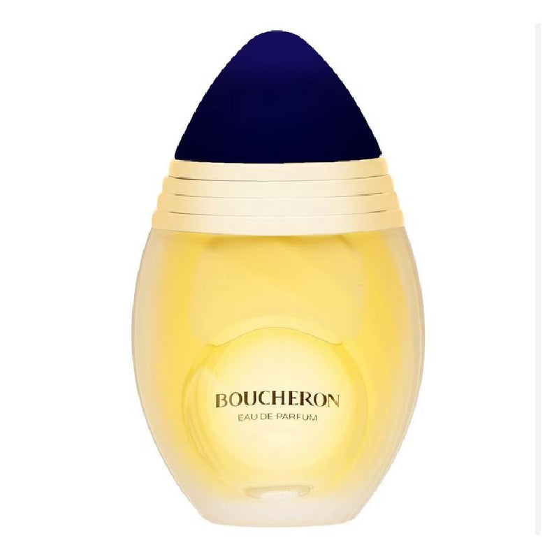Boucheron by Boucheron, a 100ml Eau de Parfum bottle with a blue cap and yellow label, release year 1988, feminine, oriental floral scent.
