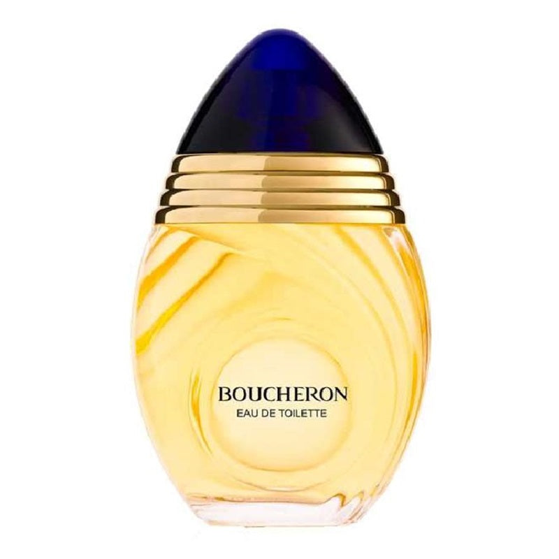 Boucheron Eau de Toilette perfume bottle with a gold and dark blue cap, on a white background.
