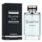 Boucheron Quatre Pour Homme 100 ml bottle beside retail box packaging