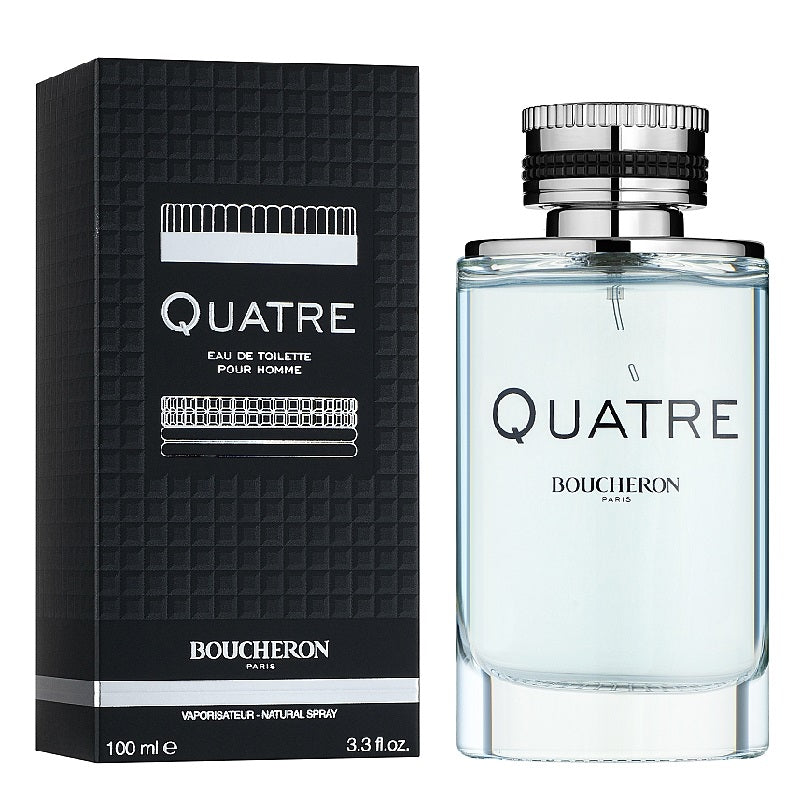 Boucheron Quatre Pour Homme 100 ml bottle beside retail box packaging