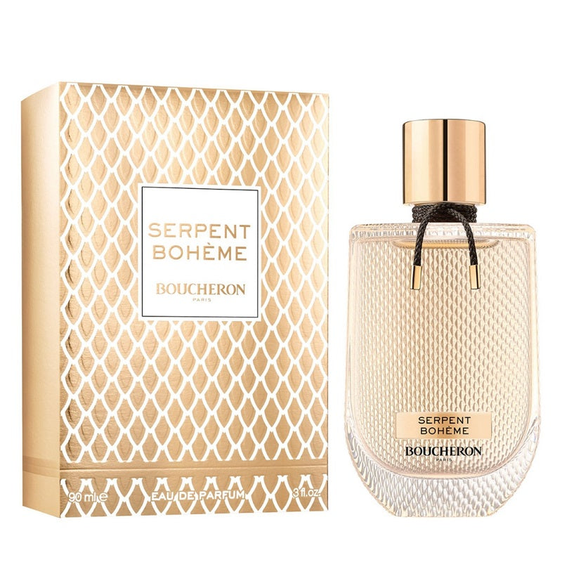 Box and Bottle Image: Boucheron Serpent Bohème 90 ml bottle beside retail box packaging