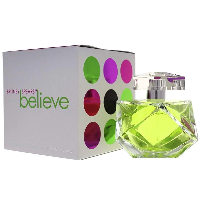 Britney Spears Believe perfume bottle and packaging on a white background