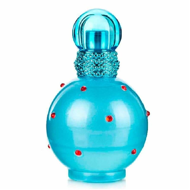 Blue perfume bottle with red accents on a white background
