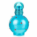 Blue perfume bottle with red accents on a white background