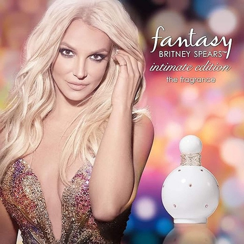 Advertisement for Britney Spears' 'Fantasy' fragrance with a colorful blurred background