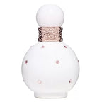 White perfume bottle with decorative elements on a white background