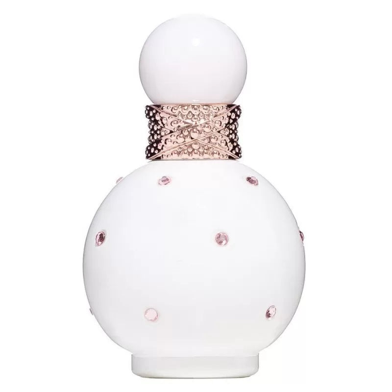 White perfume bottle with decorative elements on a white background