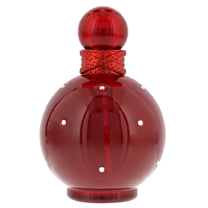 Red perfume bottle with a glossy finish on a white background