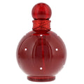 Red perfume bottle with a glossy finish on a white background