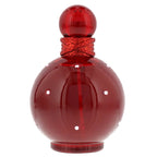 Red perfume bottle with a glossy finish on a white background