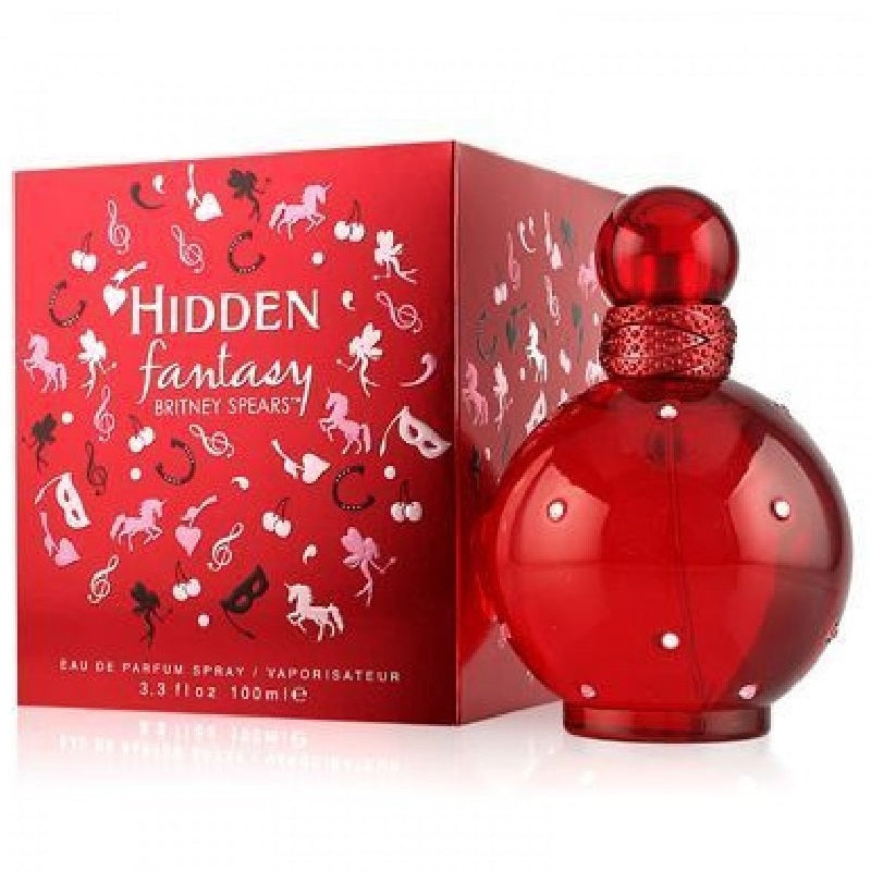 Red perfume bottle and packaging with 'Hidden Fantasy' branding on a white background