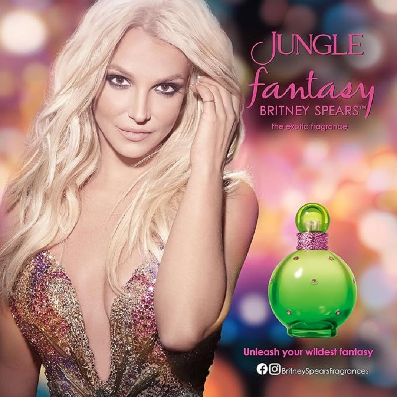 Advertisement for Britney Spears' 'Jungle Fantasy' perfume with a model and green perfume bottle.