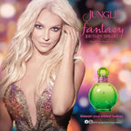 Advertisement for Britney Spears' 'Jungle Fantasy' perfume with a model and green perfume bottle.