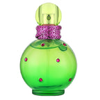 Green perfume bottle with pink accents on a white background