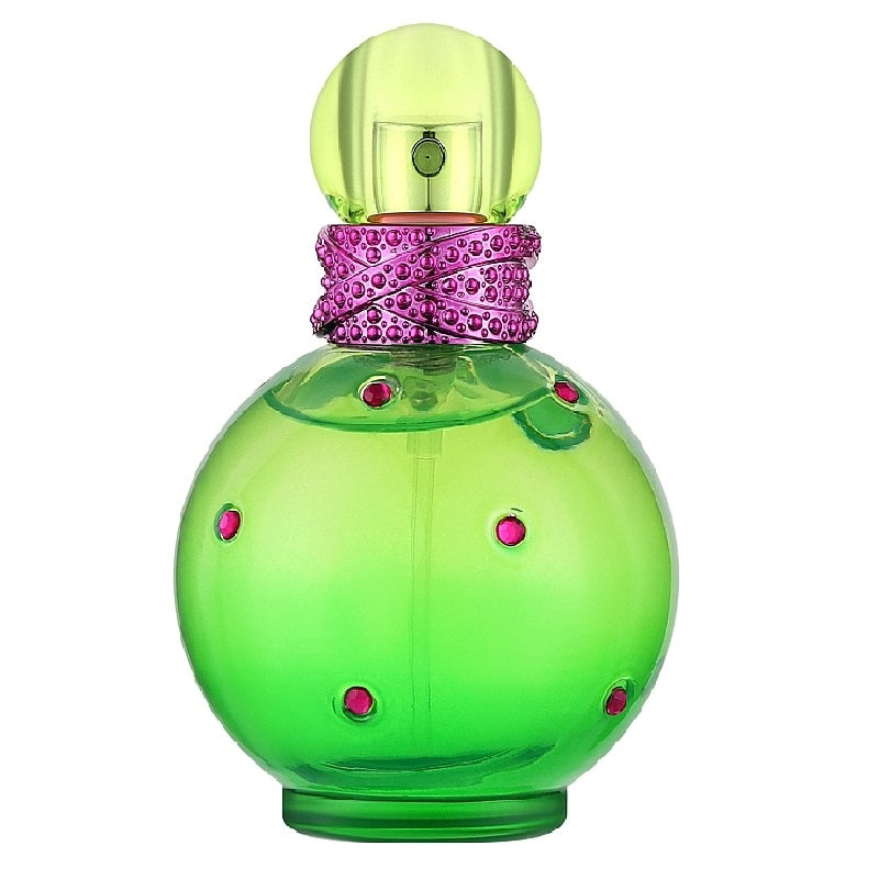 Green perfume bottle with pink accents on a white background