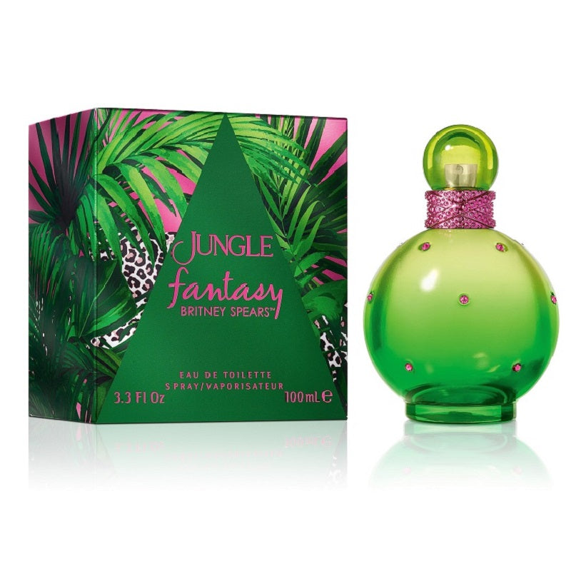 Green perfume bottle with pink accents and packaging featuring jungle-themed design on a white background