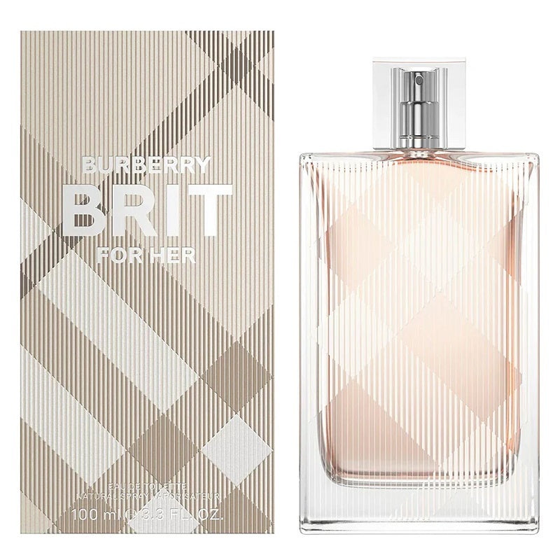 Burberry Brit for Her perfume bottle and packaging on a white background