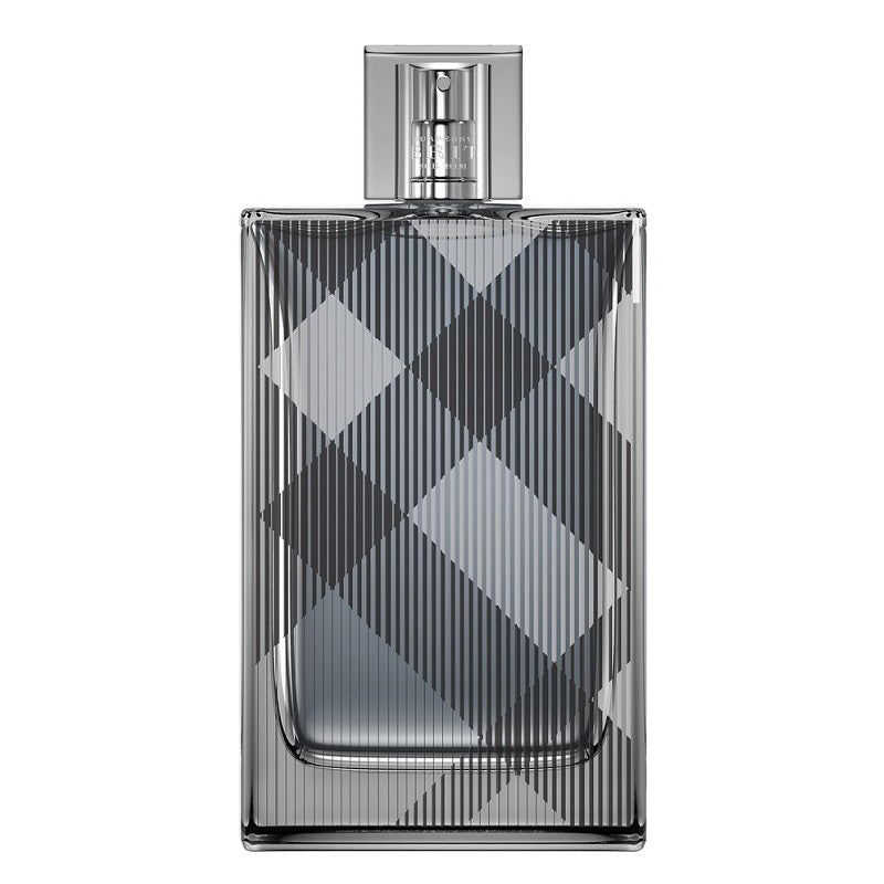 Bottle of Burberry Brit for Him eau de toilette with a checkered pattern design.
