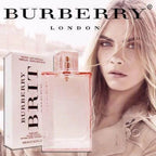 Burberry Brit perfume bottle and packaging with a model in the background