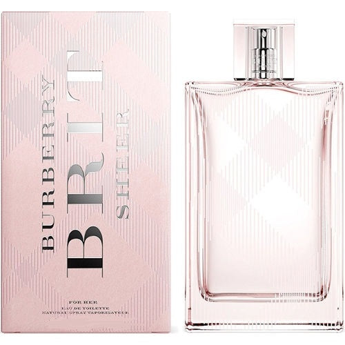 Burberry Brit Sheer 100ml Eau de Toilette bottle and packaging, predominantly pink and white with the Burberry brand visible.