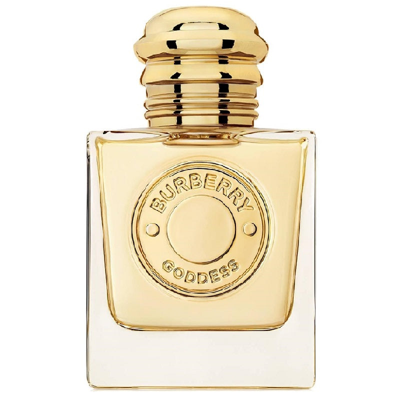 A square-shaped bottle of Burberry Goddess eau de parfum with a golden cap and the brand's logo embossed on the front.