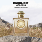 Burberry Goddess perfume bottle with a lion in the background