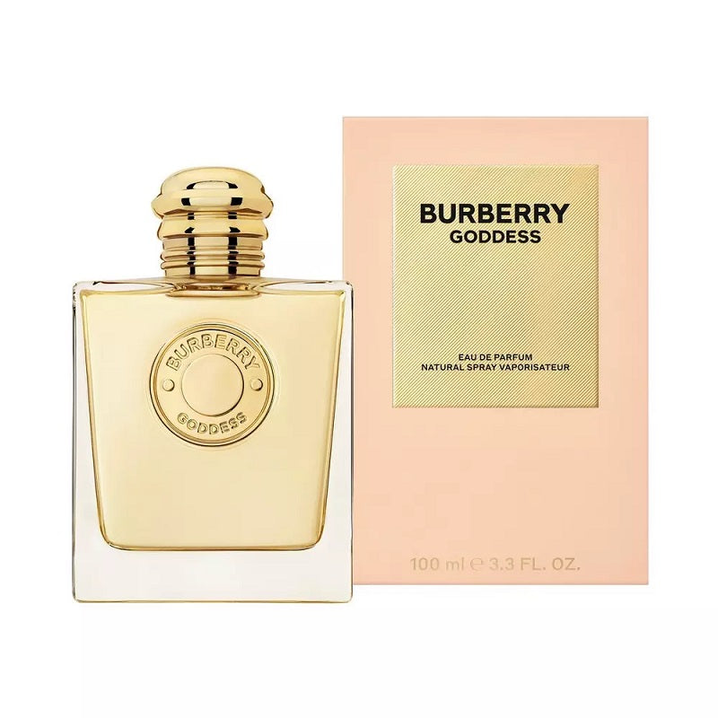 Burberry Goddess Eau de Parfum bottle and packaging, with the bottle prominently displaying the Burberry logo and a gold cap, and the packaging in a pale pink with the product name and brand.