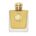 A bottle of Burberry Goddess Intense eau de parfum with a gold-colored label and cap.