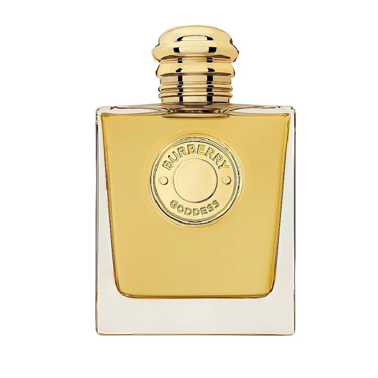 A bottle of Burberry Goddess Intense eau de parfum with a gold-colored label and cap.