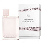 A bottle of Burberry Her Eau de Parfum with a capacity of 100ml, accompanied by its packaging box. The bottle is pink and the box has 'Burberry' and 'Eau de Parfum' printed on it with a gold-tone label.