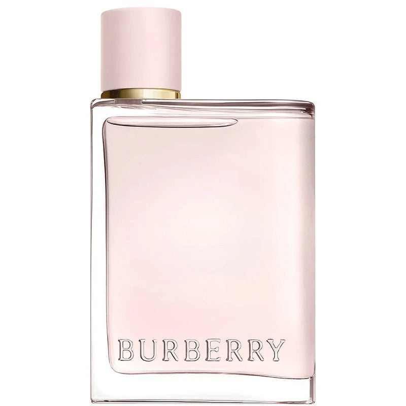 Bottle of Burberry Her Eau de Parfum with a pink hue and gold accents on the cap.