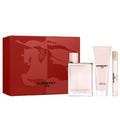 Burberry perfume set with red box, bottle, lotion, and spray on a white background