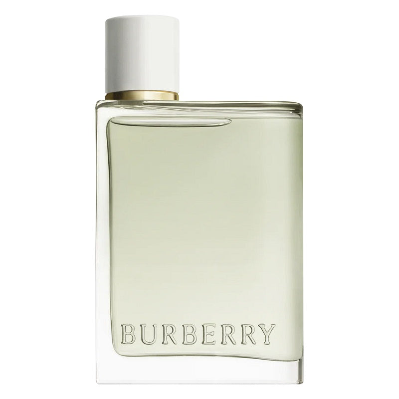A bottle of Burberry Her Eau de Toilette with a white cap and clear, yellow-tinted liquid visible through the bottle, branded with the name 'Burberry' on the front.