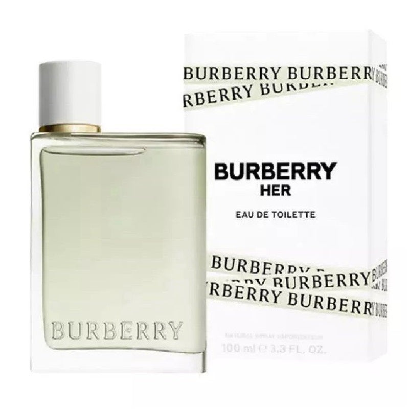 Burberry Her perfume bottle and packaging on a white background
