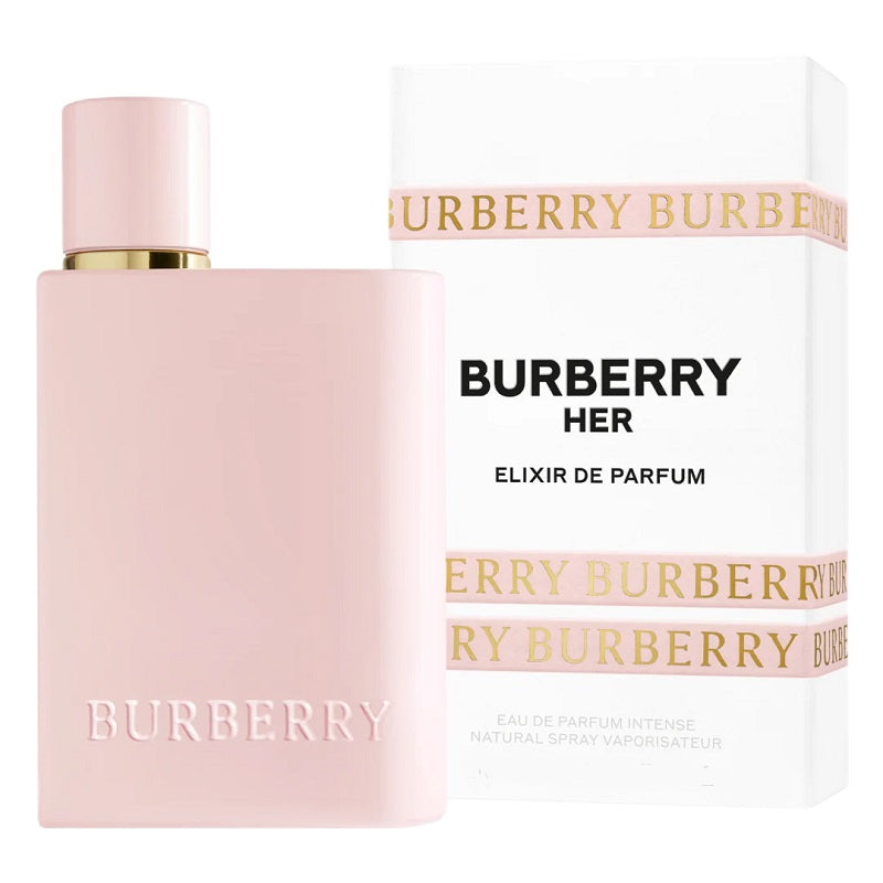 Pink perfume bottle with packaging on a white background