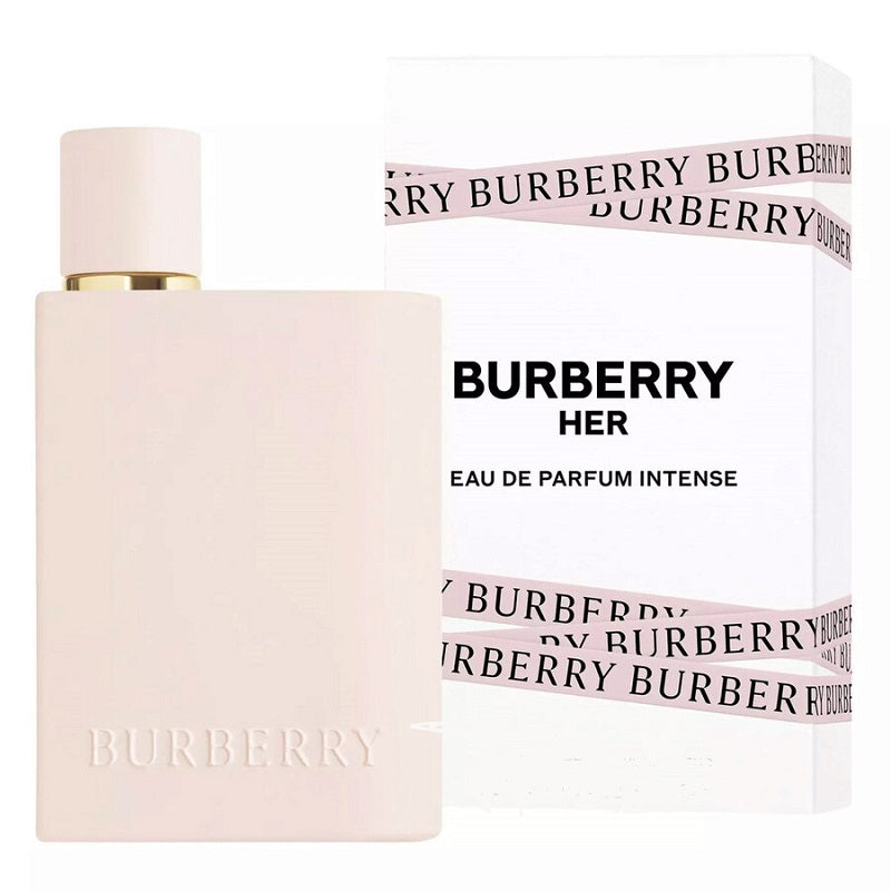 Burberry Her Eau de Parfum Intense bottle and packaging on a white background
