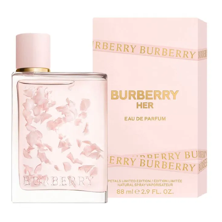 Burberry Her Eau de Parfum bottle and packaging on a white background