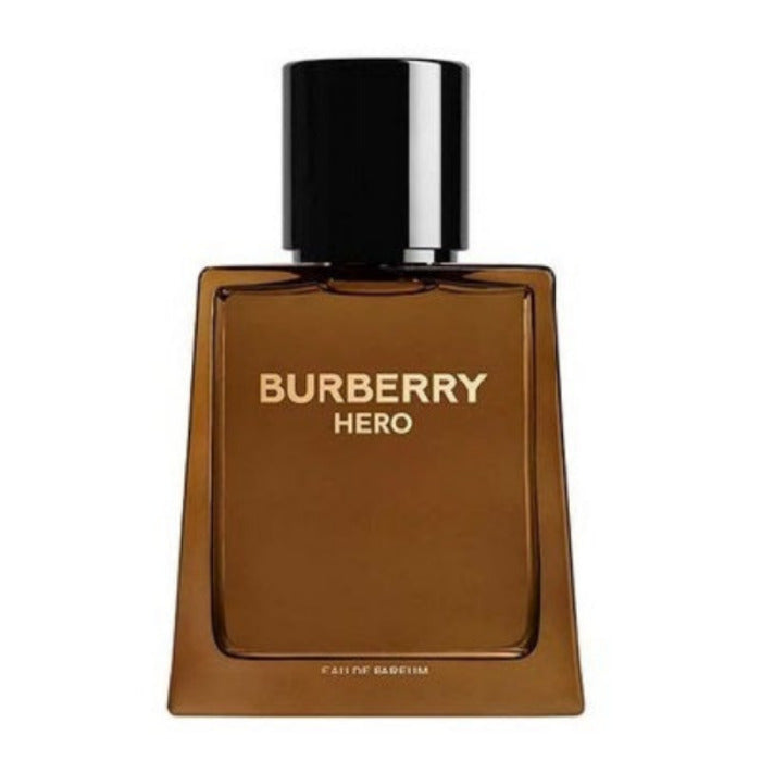 Bottle of Burberry Hero Eau de Parfum with a brownish tint and a black cap.