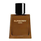 Bottle of Burberry Hero Eau de Parfum with a brownish tint and a black cap.