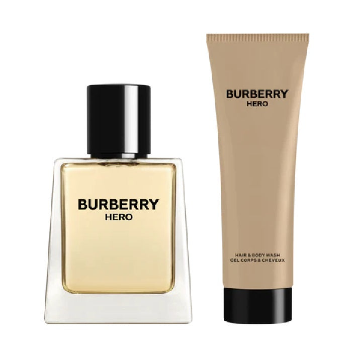 Burberry Hero perfume bottle and hair & body wash on a white background