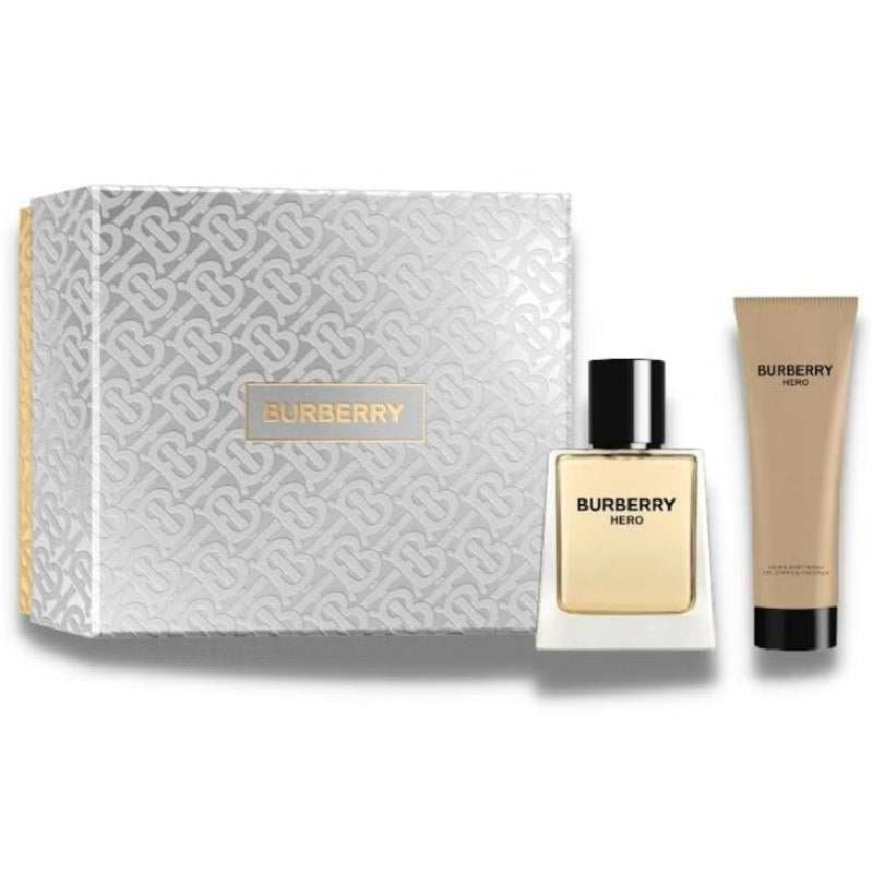 Burberry perfume set with a box, bottle, and tube on a white background