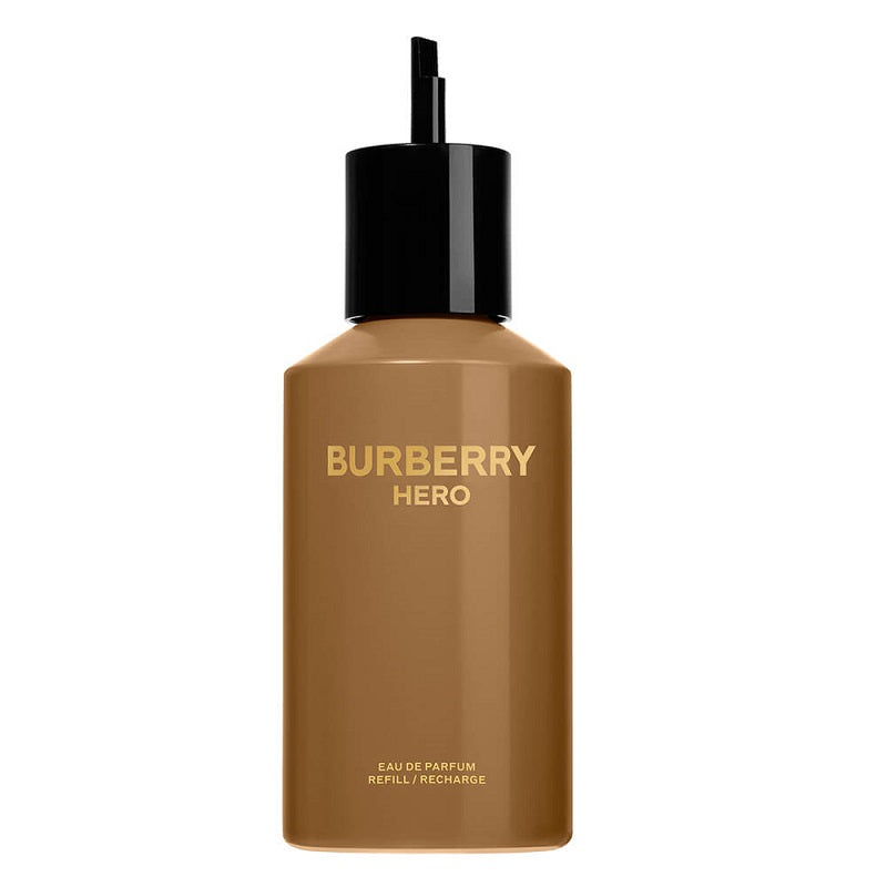 Brown Burberry Hero perfume bottle with black cap on a white background