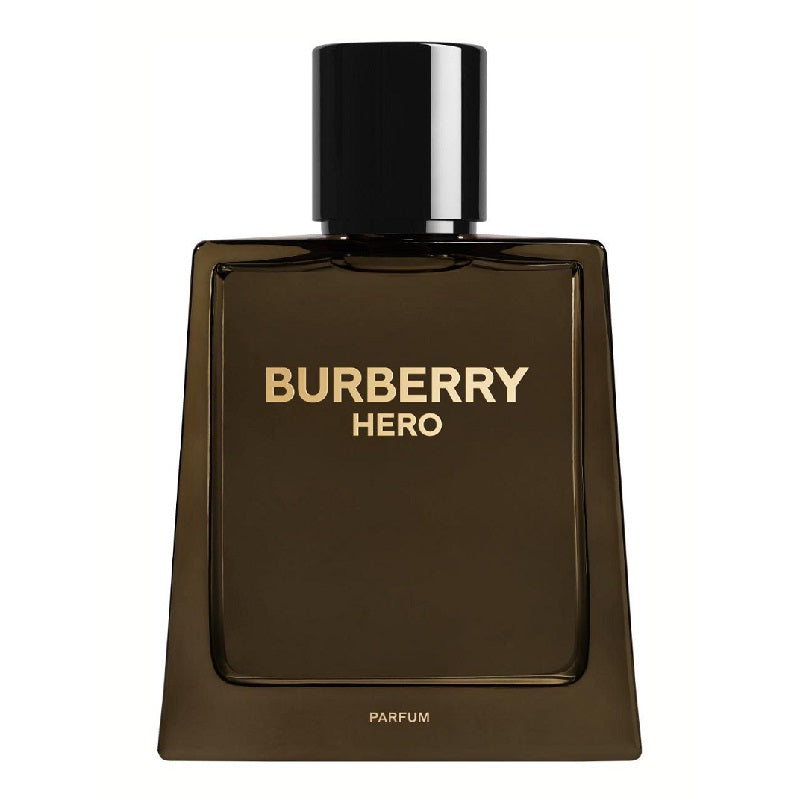 Bottle of Burberry Hero Parfum with a dark tinted liquid and gold text on the label.