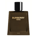 Bottle of Burberry Hero Parfum with a dark tinted liquid and gold text on the label.