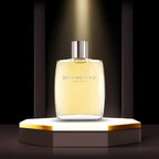 Perfume bottle on a hexagonal platform with a dark background